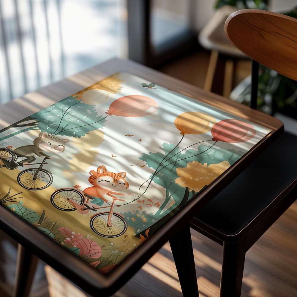 Illustration of two animals riding bicycles with balloons in a forest setting, as a premium aluminum metal print from GoMetalPrint.