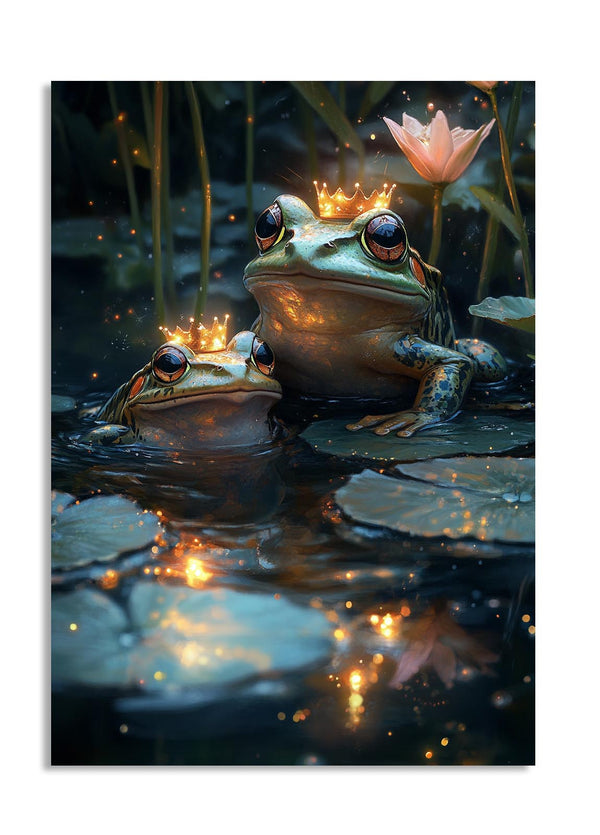 Two frogs in a pond with a lotus flower in the background, as a premium aluminum metal print from GoMetalPrint.