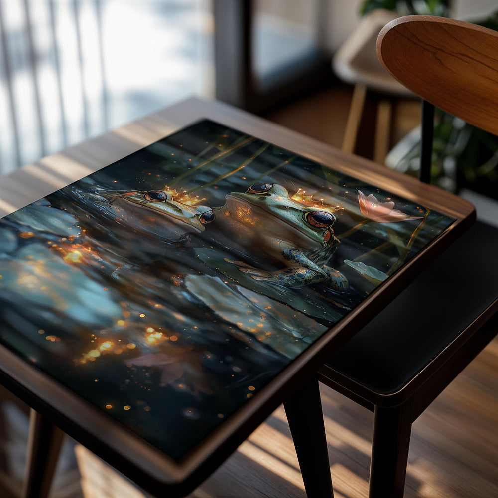 Two frogs in a pond with a lotus flower in the background, as a premium aluminum metal print from GoMetalPrint.