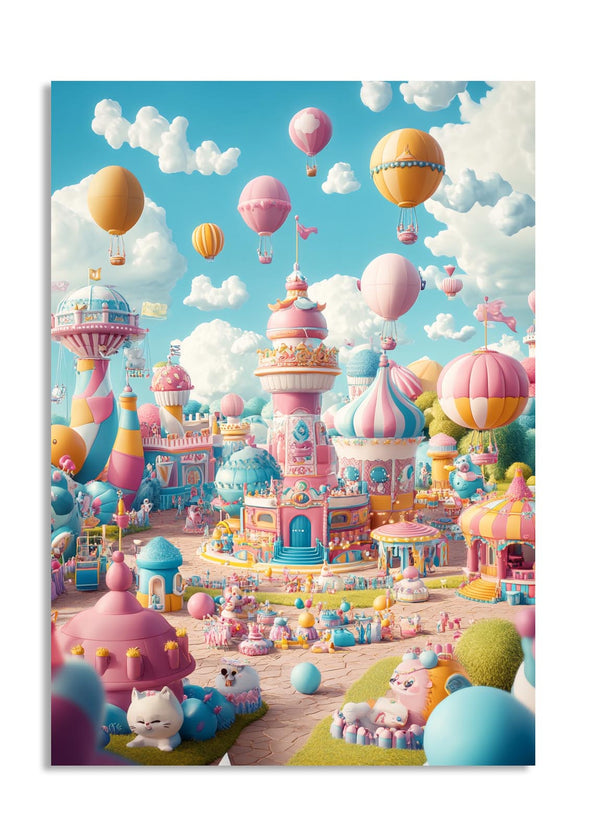 Fantasyland with colorful buildings, balloons, and animals on a blue sky background, as a premium aluminum metal print from GoMetalPrint.