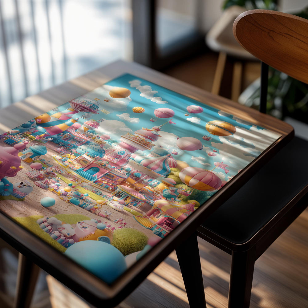 Fantasyland with colorful buildings, balloons, and animals on a blue sky background, as a premium aluminum metal print from GoMetalPrint.