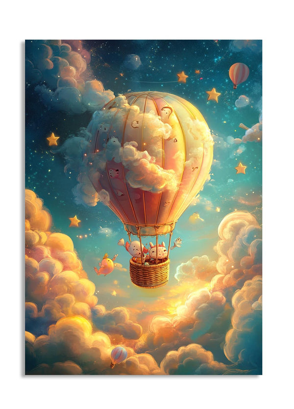 Colorful hot air balloon in a cloud with a starry night sky, as a premium aluminum metal print from GoMetalPrint.
