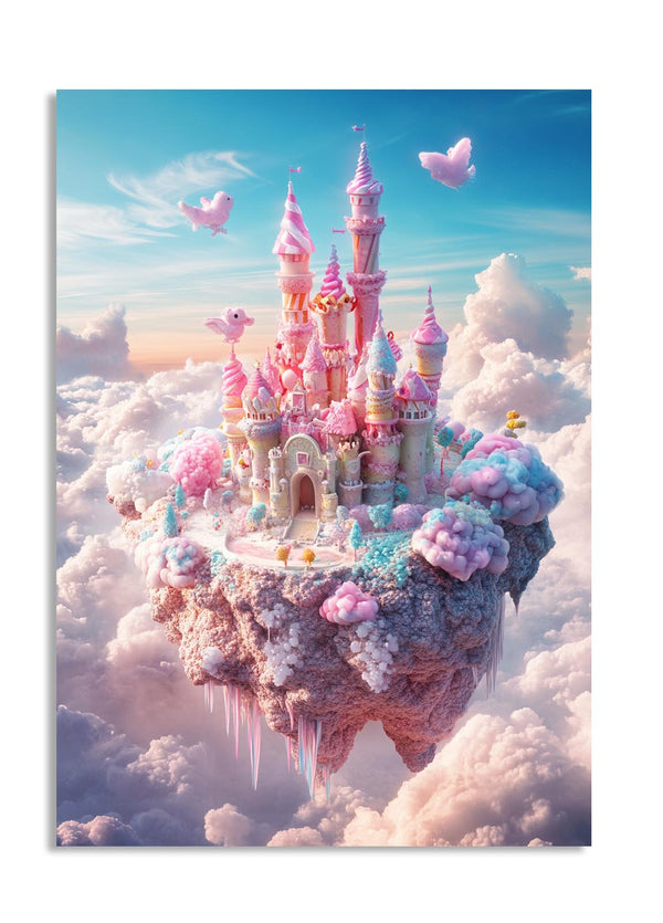 Fantasy castle in the clouds with a pink and blue color scheme, as a premium aluminum metal print from GoMetalPrint.