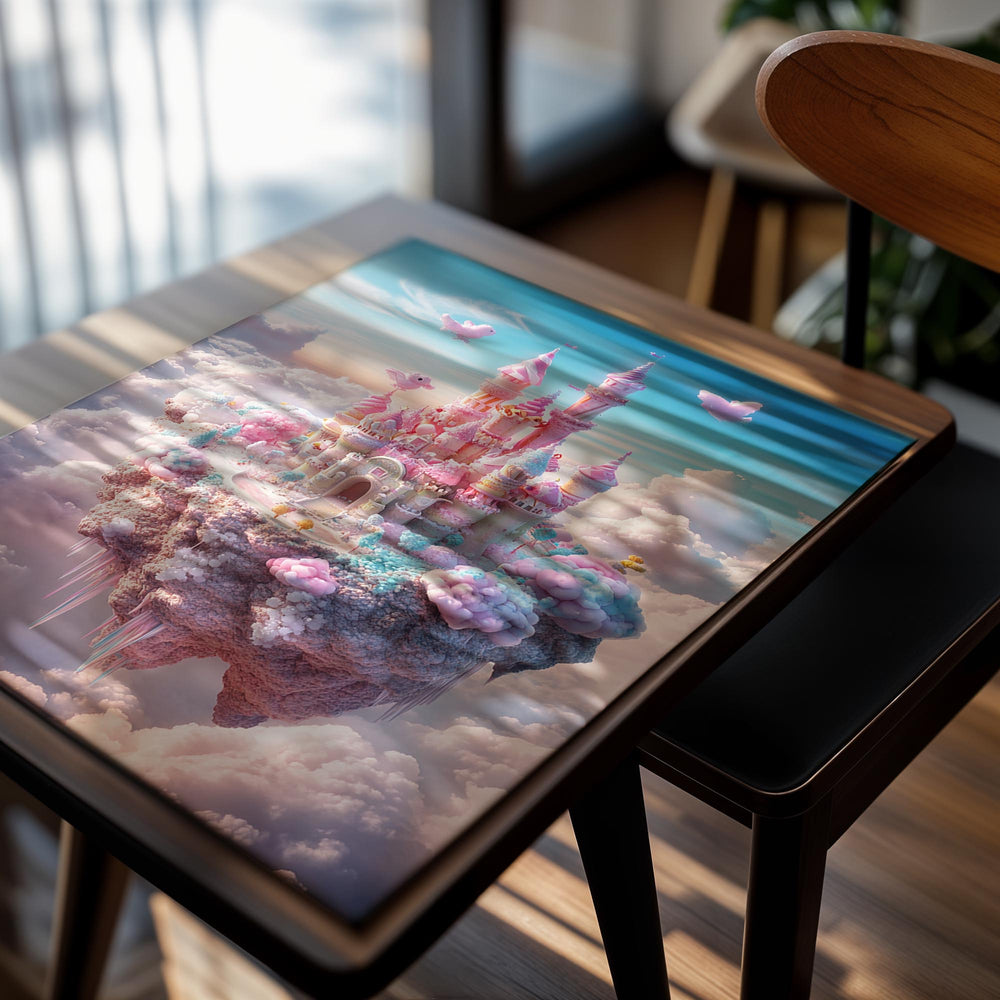 Fantasy castle in the clouds with a pink and blue color scheme, as a premium aluminum metal print from GoMetalPrint.