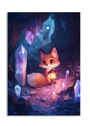 Illustration of a fox holding a lantern in a mystical cave with crystals, as a premium aluminum metal print from GoMetalPrint.