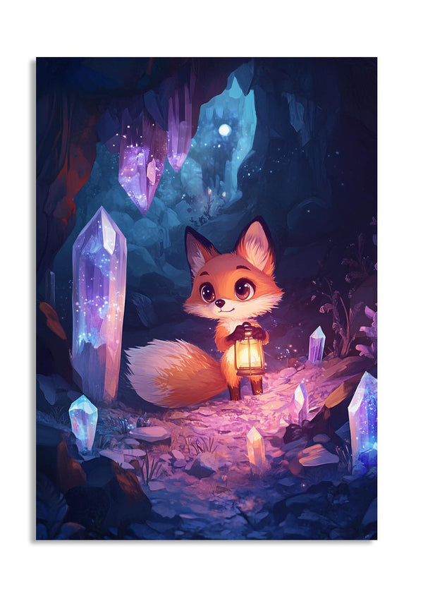 Illustration of a fox holding a lantern in a mystical cave with crystals, as a premium aluminum metal print from GoMetalPrint.