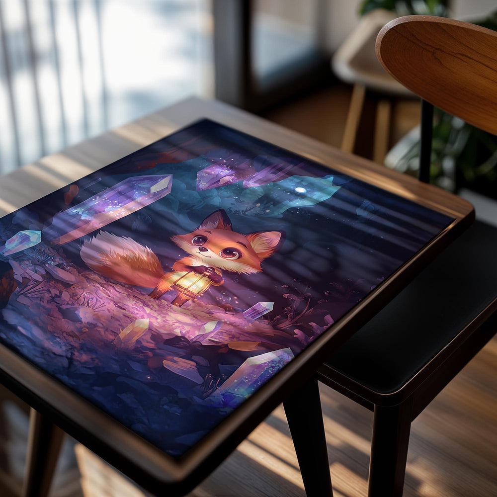 Illustration of a fox holding a lantern in a mystical cave with crystals, as a premium aluminum metal print from GoMetalPrint.