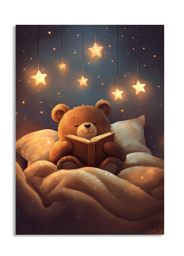 Illustration of a teddy bear reading a book under stars in a cozy room, as a premium aluminum metal print from GoMetalPrint.