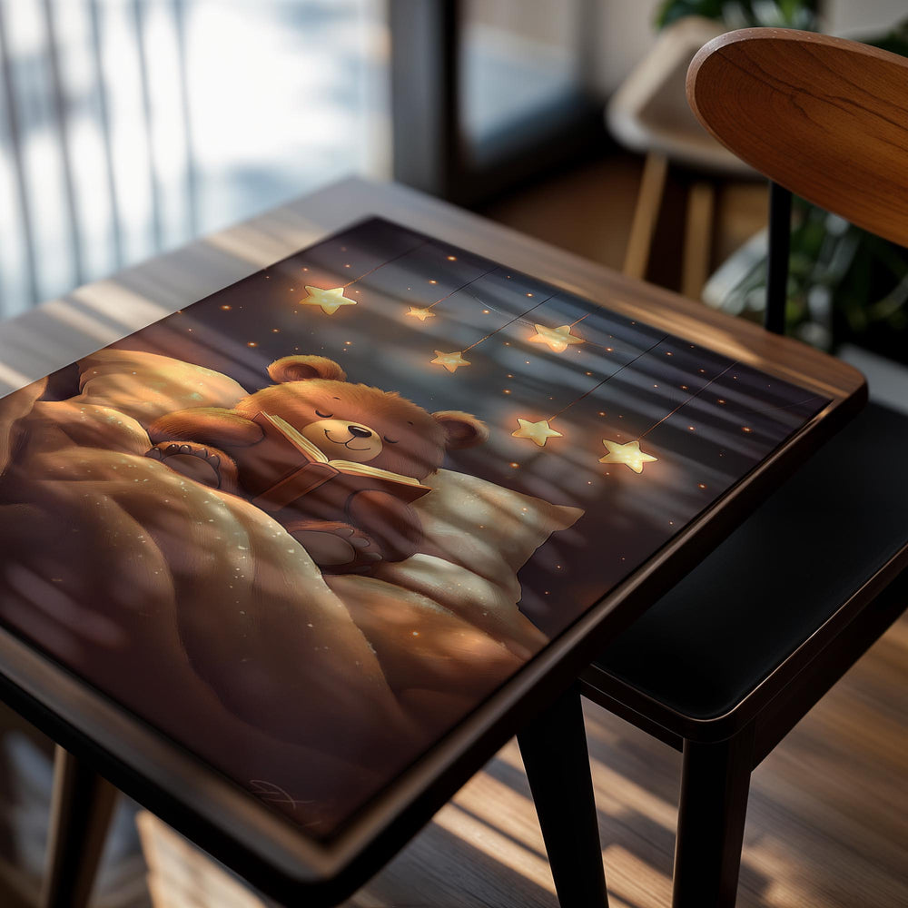 Illustration of a teddy bear reading a book under stars in a cozy room, as a premium aluminum metal print from GoMetalPrint.