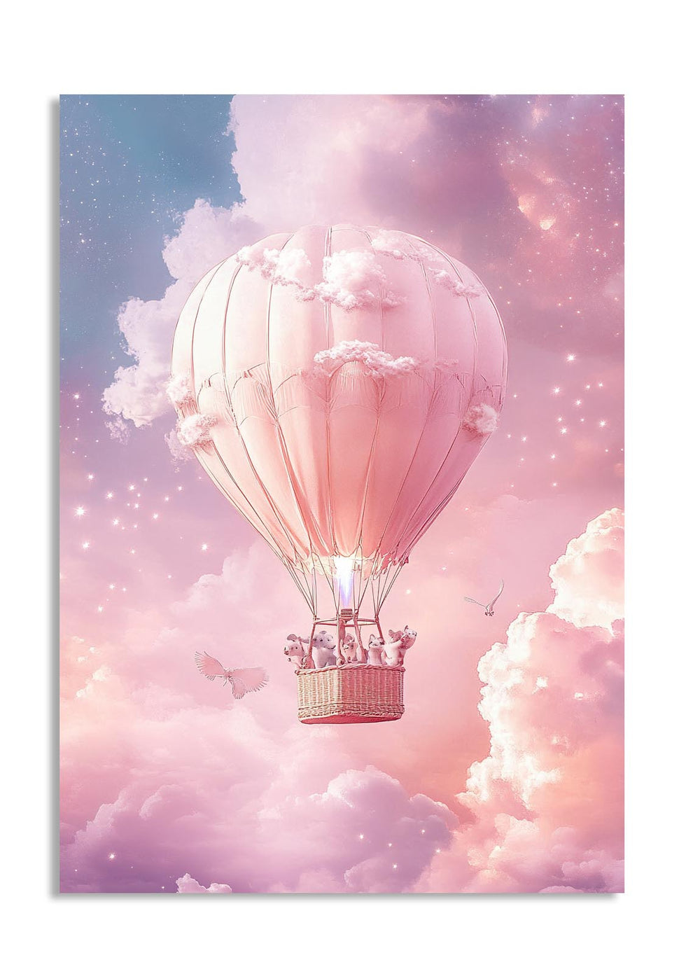 Pink hot air balloon in a cloudy sky with a soft pink and purple color scheme, as a premium aluminum metal print from GoMetalPrint.