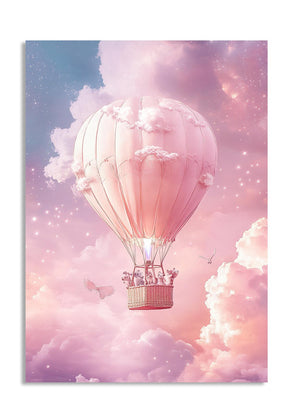 Pink hot air balloon in a cloudy sky with a soft pink and purple color scheme, as a premium aluminum metal print from GoMetalPrint.