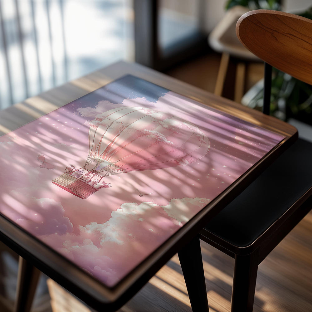 Pink hot air balloon in a cloudy sky with a soft pink and purple color scheme, as a premium aluminum metal print from GoMetalPrint.