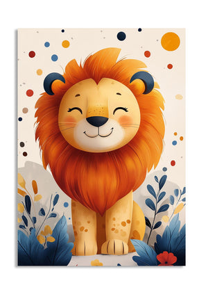 Cartoon lion with a happy expression on a colorful background, as a premium aluminum metal print from GoMetalPrint.