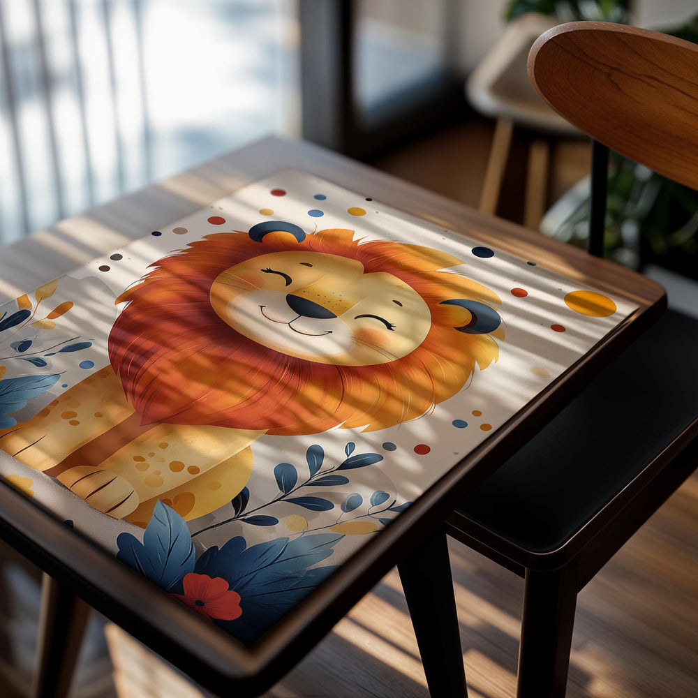 Cartoon lion with a happy expression on a colorful background, as a premium aluminum metal print from GoMetalPrint.