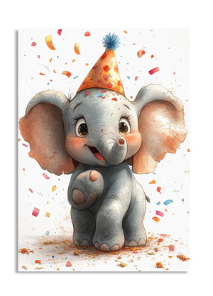 Illustration of a baby elephant wearing a party hat with confetti on a white background, as a premium aluminum metal print from GoMetalPrint.