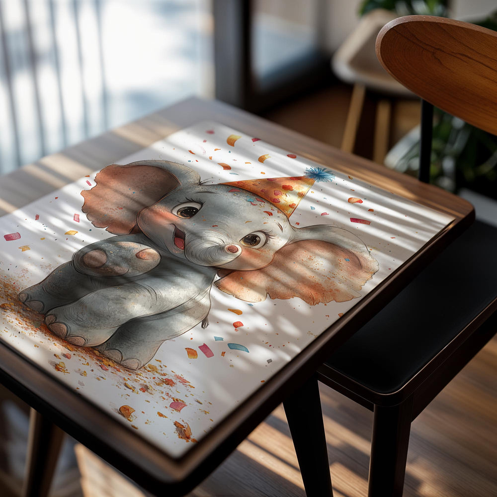 Illustration of a baby elephant wearing a party hat with confetti on a white background, as a premium aluminum metal print from GoMetalPrint.