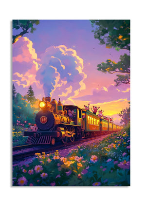 Colorful illustration of a steam train with cartoon characters on a scenic track, as a premium aluminum metal print from GoMetalPrint.