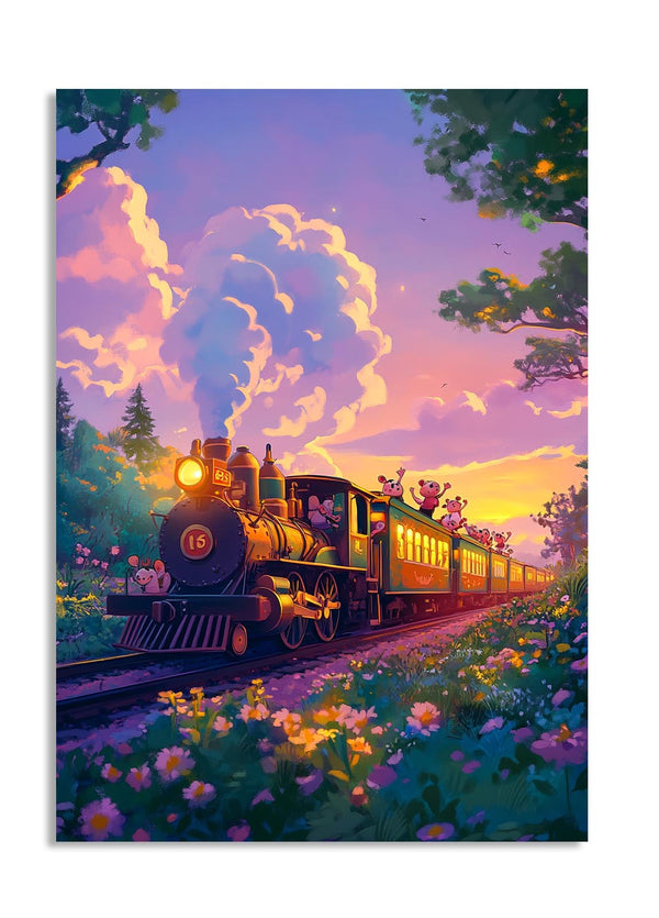 Colorful illustration of a steam train with cartoon characters on a scenic track, as a premium aluminum metal print from GoMetalPrint.