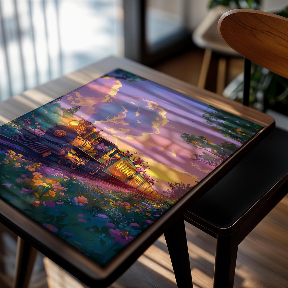 Colorful illustration of a steam train with cartoon characters on a scenic track, as a premium aluminum metal print from GoMetalPrint.