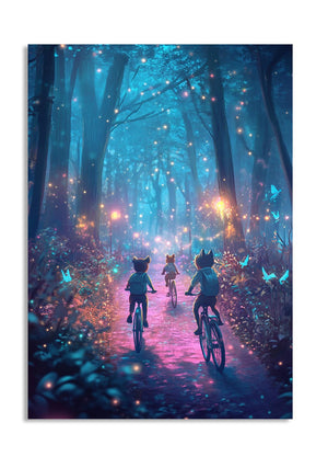 Children riding bicycles through a magical forest with glowing lights, as a premium aluminum metal print from GoMetalPrint.