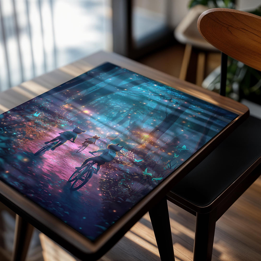 Children riding bicycles through a magical forest with glowing lights, as a premium aluminum metal print from GoMetalPrint.