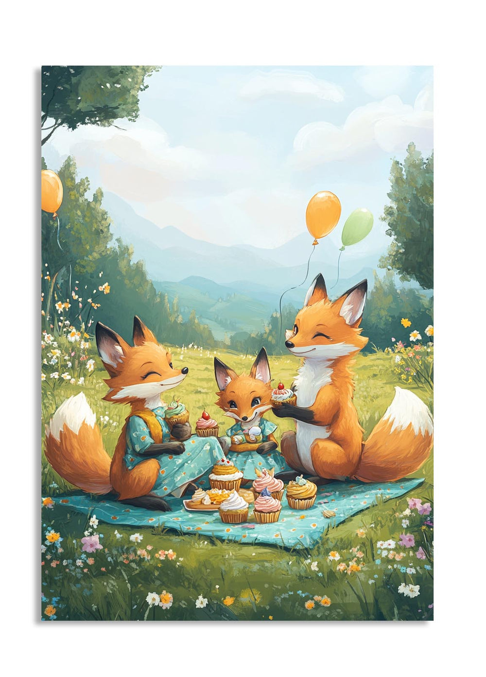 Three foxes sitting on a blanket with cupcakes in a scenic outdoor setting, as a premium aluminum metal print from GoMetalPrint.