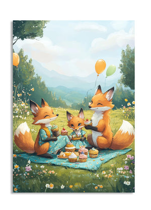 Three foxes sitting on a blanket with cupcakes in a scenic outdoor setting, as a premium aluminum metal print from GoMetalPrint.