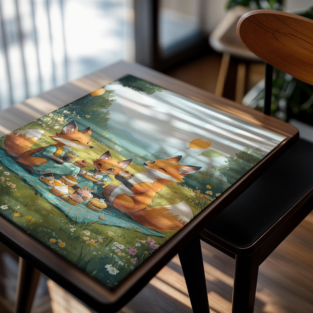 Three foxes sitting on a blanket with cupcakes in a scenic outdoor setting, as a premium aluminum metal print from GoMetalPrint.