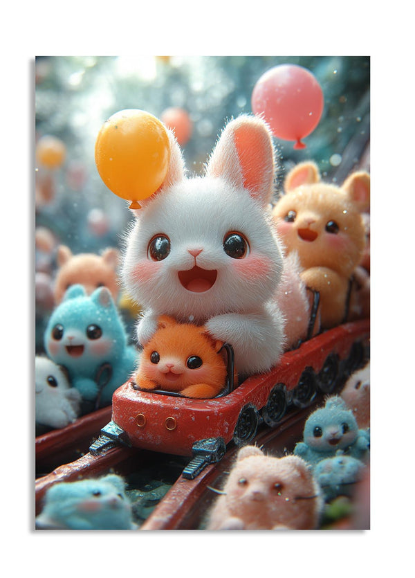 Cartoon rabbit on a train with other animal characters in a colorful setting, as a premium aluminum metal print from GoMetalPrint.