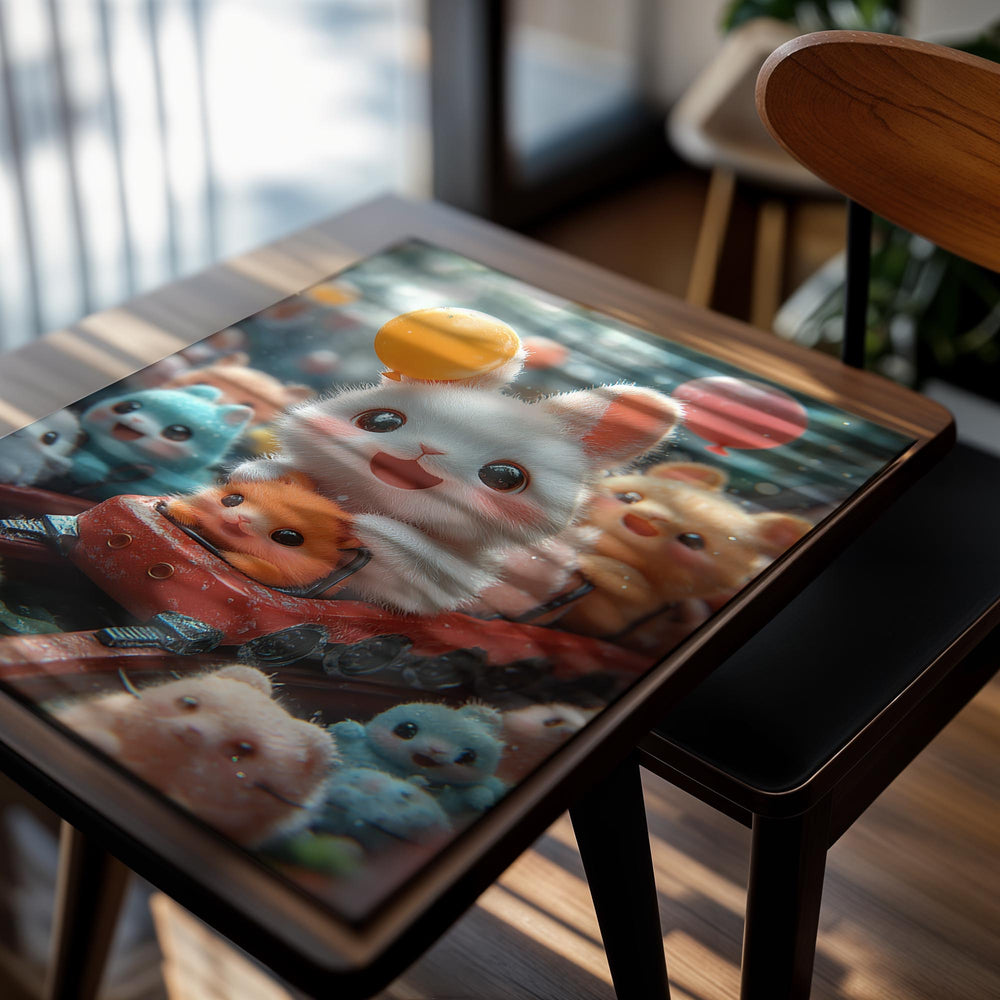 Cartoon rabbit on a train with other animal characters in a colorful setting, as a premium aluminum metal print from GoMetalPrint.