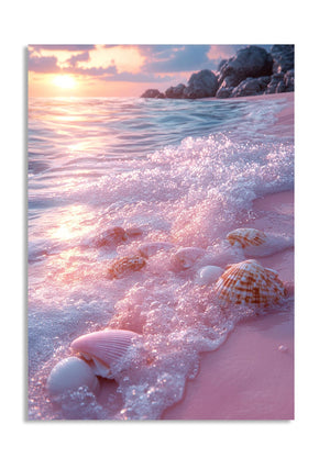 Beach scene with shells and waves at sunset, as a premium aluminum metal print from GoMetalPrint.