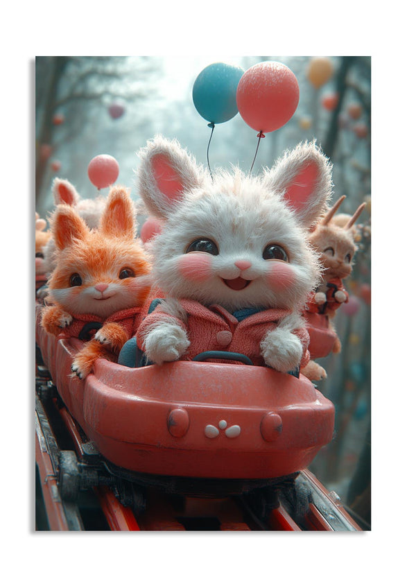 Cartoon animals on a roller coaster with balloons in the background, as a premium aluminum metal print from GoMetalPrint.