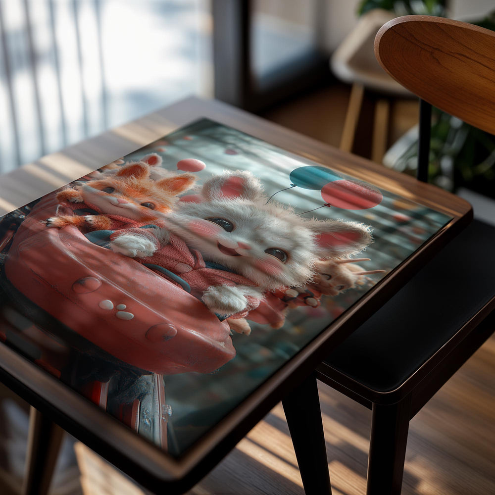 Cartoon animals on a roller coaster with balloons in the background, as a premium aluminum metal print from GoMetalPrint.