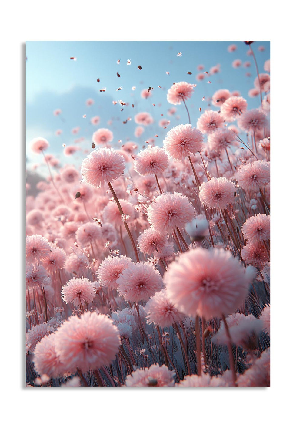 Pink flowers against a blue sky, as a premium aluminum metal print from GoMetalPrint.