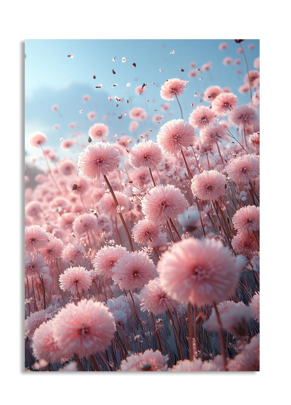 Pink flowers against a blue sky, as a premium aluminum metal print from GoMetalPrint.