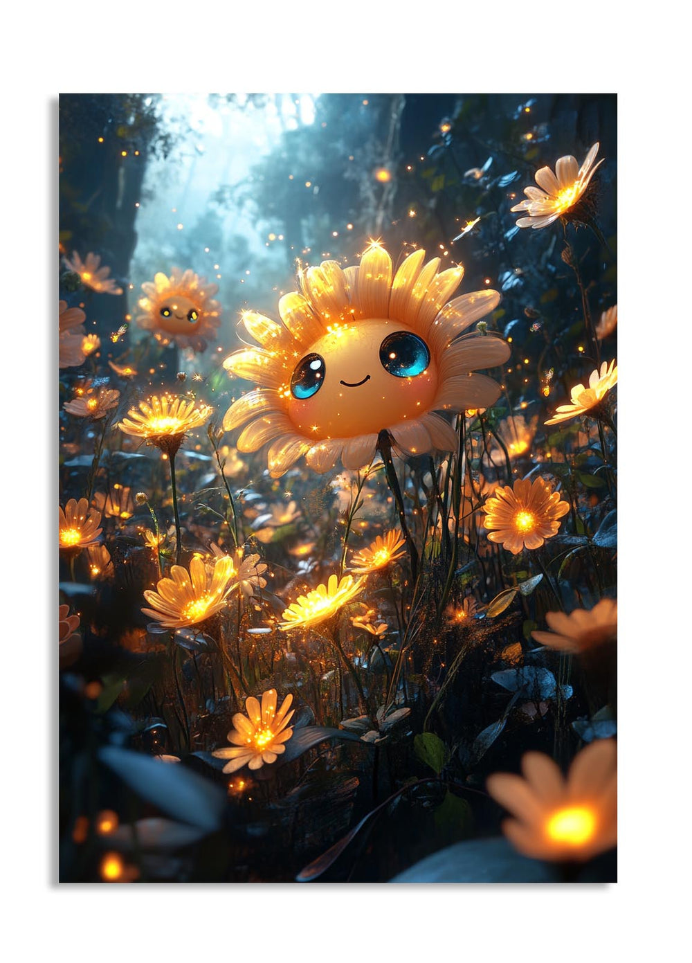 Cartoon sunflower character surrounded by glowing flowers and lights, as a premium aluminum metal print from GoMetalPrint.