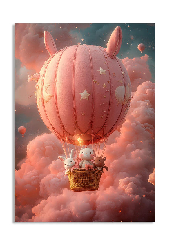 Pink hot air balloon with animals in a cloud-filled sky, as a premium aluminum metal print from GoMetalPrint.