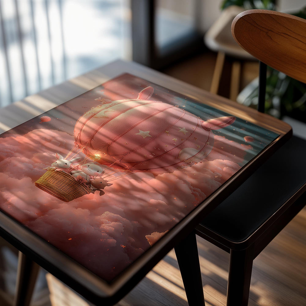Pink hot air balloon with animals in a cloud-filled sky, as a premium aluminum metal print from GoMetalPrint.