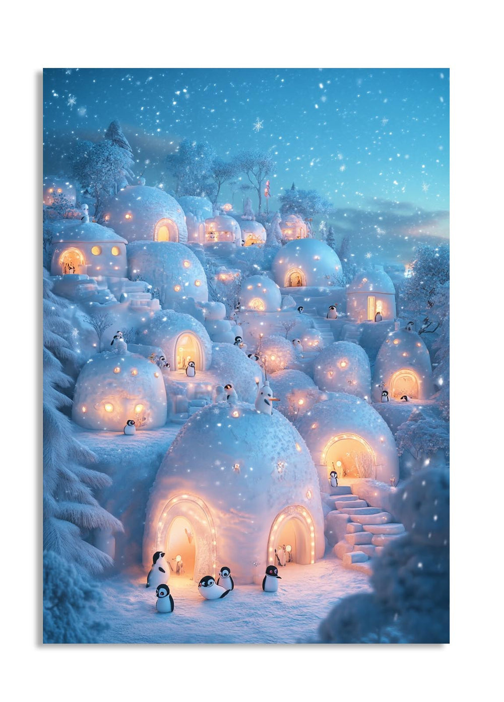 Snowy igloo village with glowing interiors and penguins in a wintery landscape, as a premium aluminum metal print from GoMetalPrint.