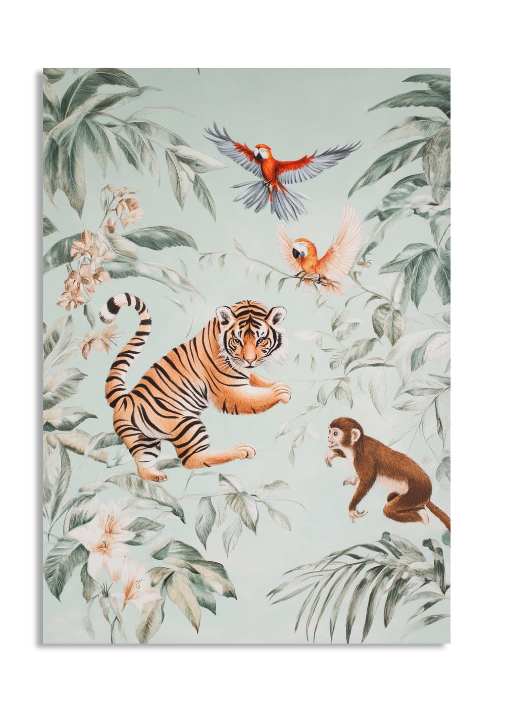 Jungle-themed wallpaper with a tiger, monkey, and birds on a light green background, as a premium aluminum metal print from GoMetalPrint.