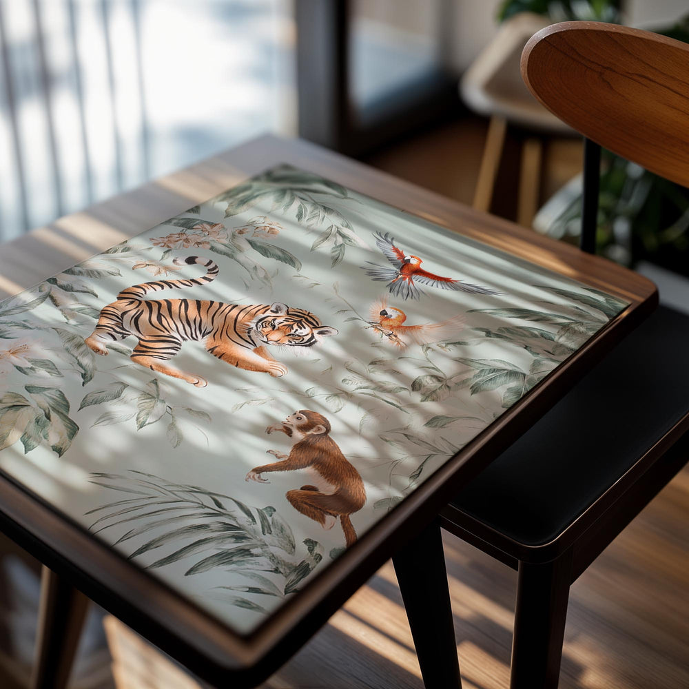 Jungle-themed wallpaper with a tiger, monkey, and birds on a light green background, as a premium aluminum metal print from GoMetalPrint.