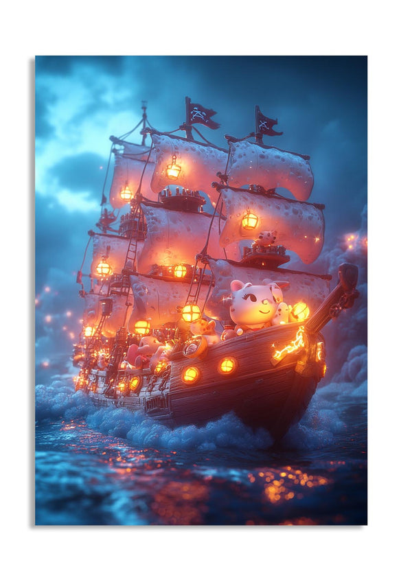 Pirate ship with glowing lights on a stormy sea, as a premium aluminum metal print from GoMetalPrint.