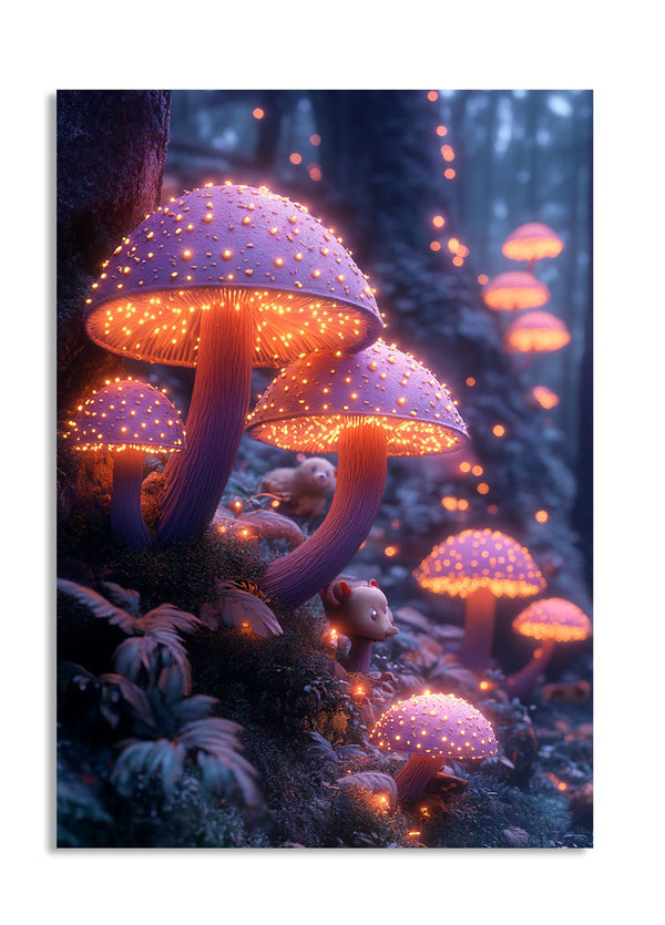 Glowing mushrooms in a fantasy forest setting with purple and pink hues, as a premium aluminum metal print from GoMetalPrint.