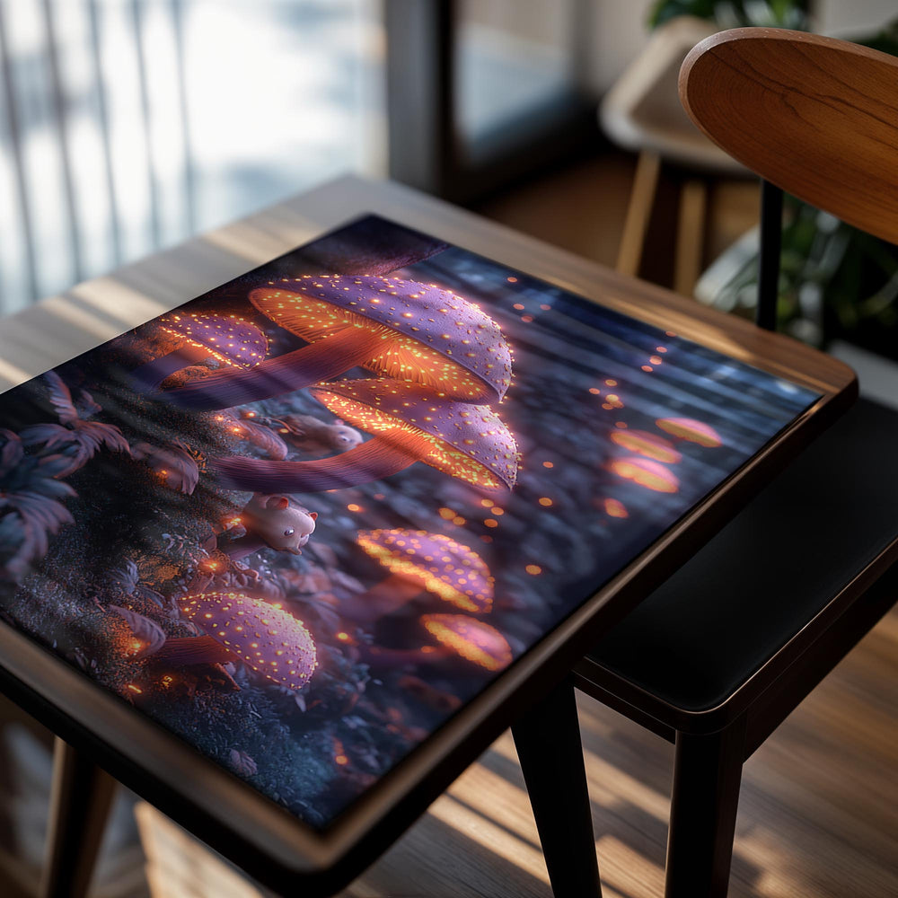 Glowing mushrooms in a fantasy forest setting with purple and pink hues, as a premium aluminum metal print from GoMetalPrint.