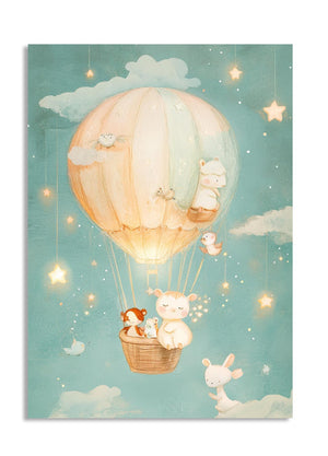 Illustration of a hot air balloon with animals against a starry sky, as a premium aluminum metal print from GoMetalPrint.