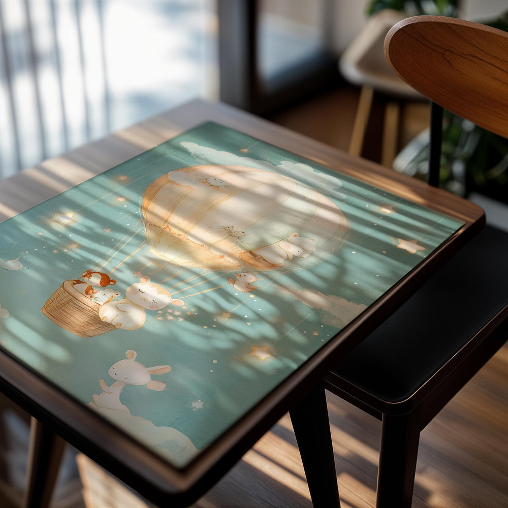 Illustration of a hot air balloon with animals against a starry sky, as a premium aluminum metal print from GoMetalPrint.