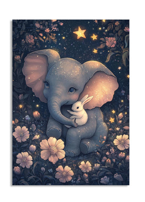 Illustration of an elephant and a rabbit sitting together in a starry night scene with flowers, as a premium aluminum metal print from GoMetalPrint.