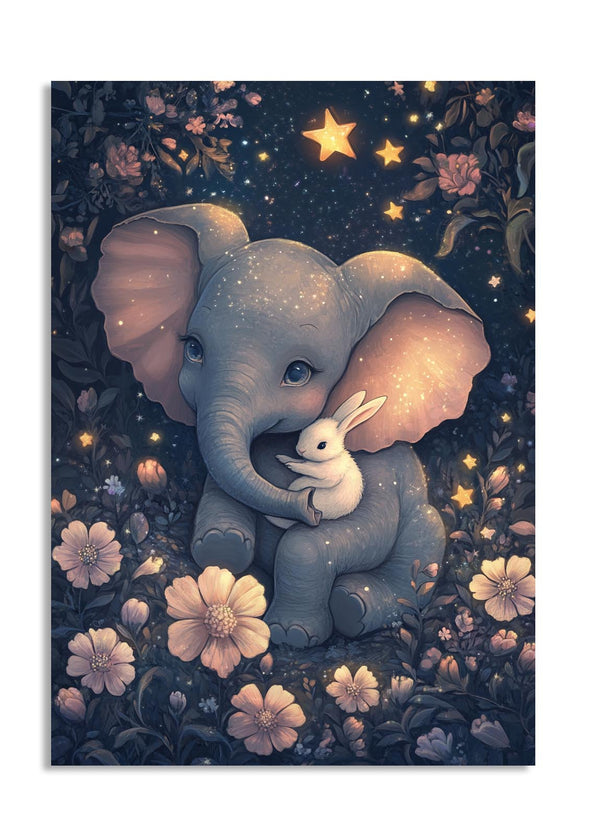 Illustration of an elephant and a rabbit sitting together in a starry night scene with flowers, as a premium aluminum metal print from GoMetalPrint.