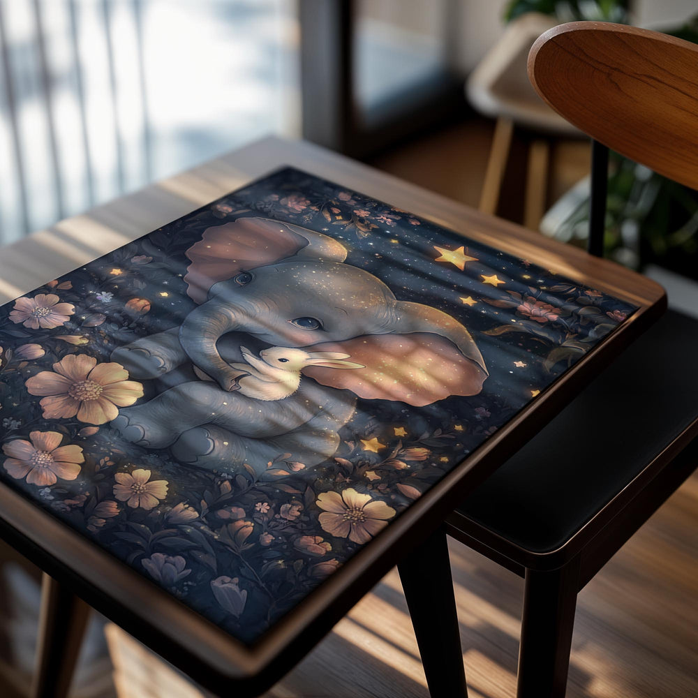 Illustration of an elephant and a rabbit sitting together in a starry night scene with flowers, as a premium aluminum metal print from GoMetalPrint.