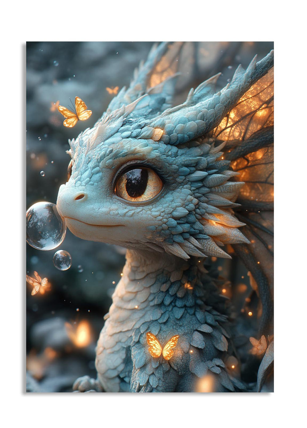 Blue dragon with butterfly wings and bubbles in a fantasy setting, as a premium aluminum metal print from GoMetalPrint.